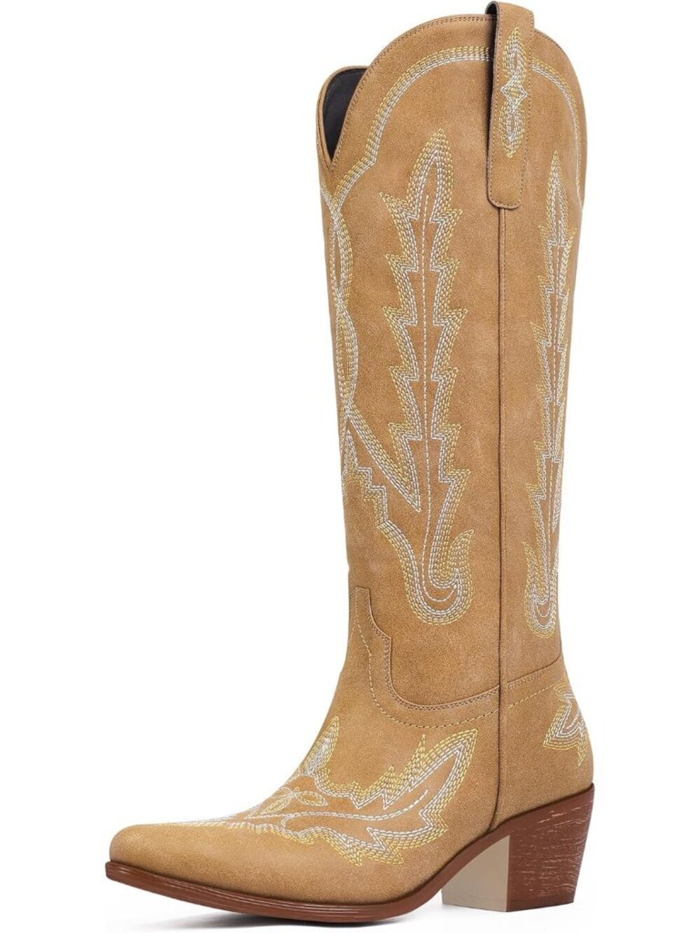 Women's Tan Knee High Classic Embroidered Pull On Pointed Toe Chunky Heel Boot